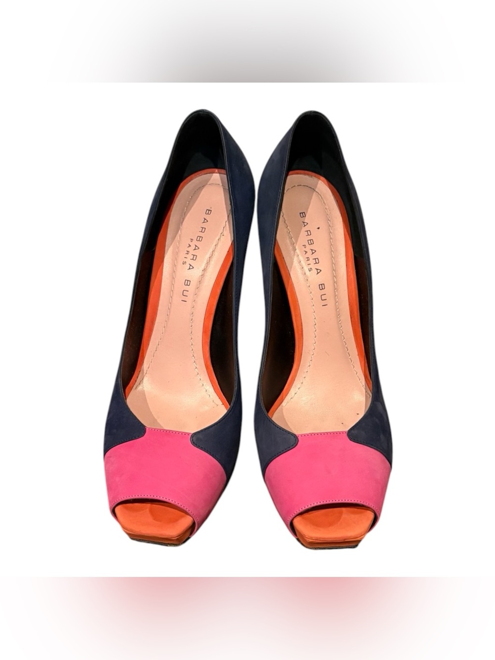BARBARA BUI Colorblock Pink, Navy & Orange Peep-Toe Pumps